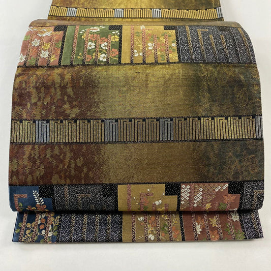 【庫存清倉】 【美品】 袋帶 名品級 源氏香 枝花 金絲 金金箔 金茶 六通 純蠶絲
