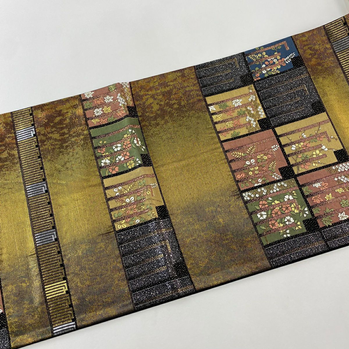 【庫存清倉】 【美品】 袋帶 名品級 源氏香 枝花 金絲 金金箔 金茶 六通 純蠶絲