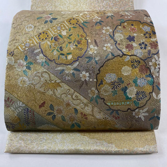 【庫存清倉】 袋帶 名品級 雪輪 草花紋 螺鈿 金銀彩 金 純蠶絲 お太鼓圖案