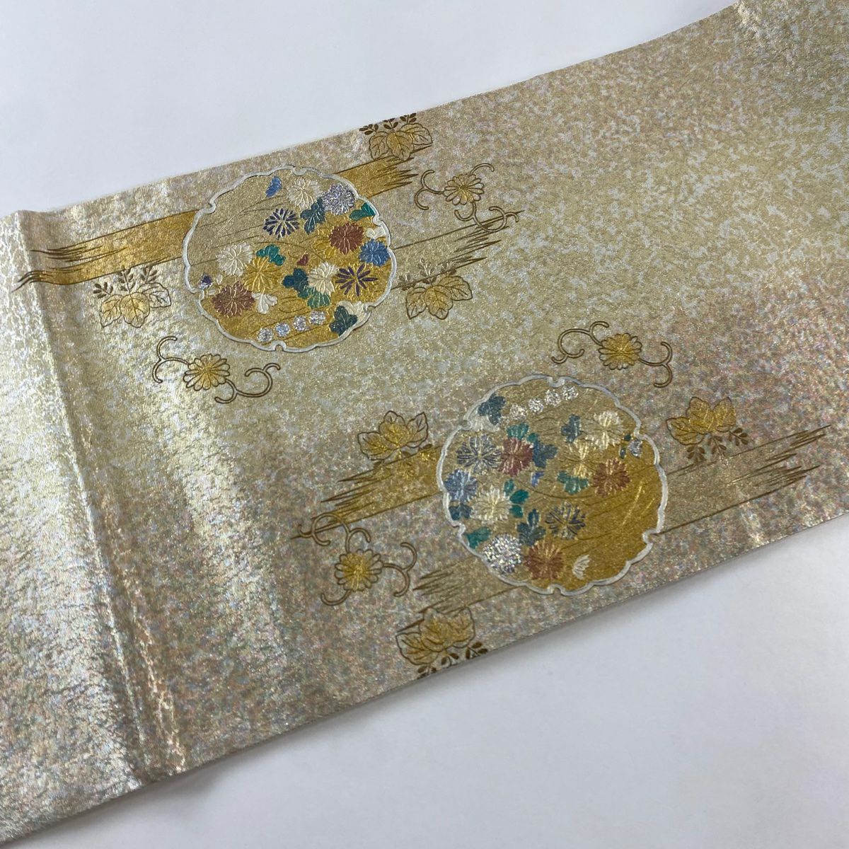 【庫存清倉】 袋帶 名品級 雪輪 草花紋 螺鈿 金銀彩 金 純蠶絲 お太鼓圖案