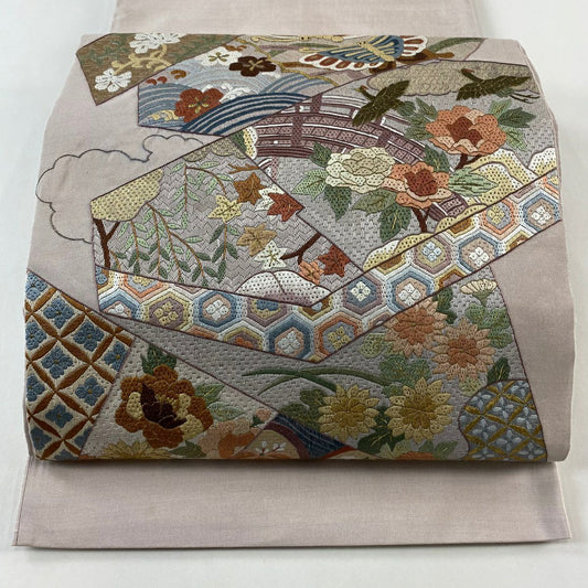 【庫存清倉】 袋帶 名品級 花鳥 有職紋樣 金銀彩 刺繡 粉米色 大鼓圖案 純蠶絲