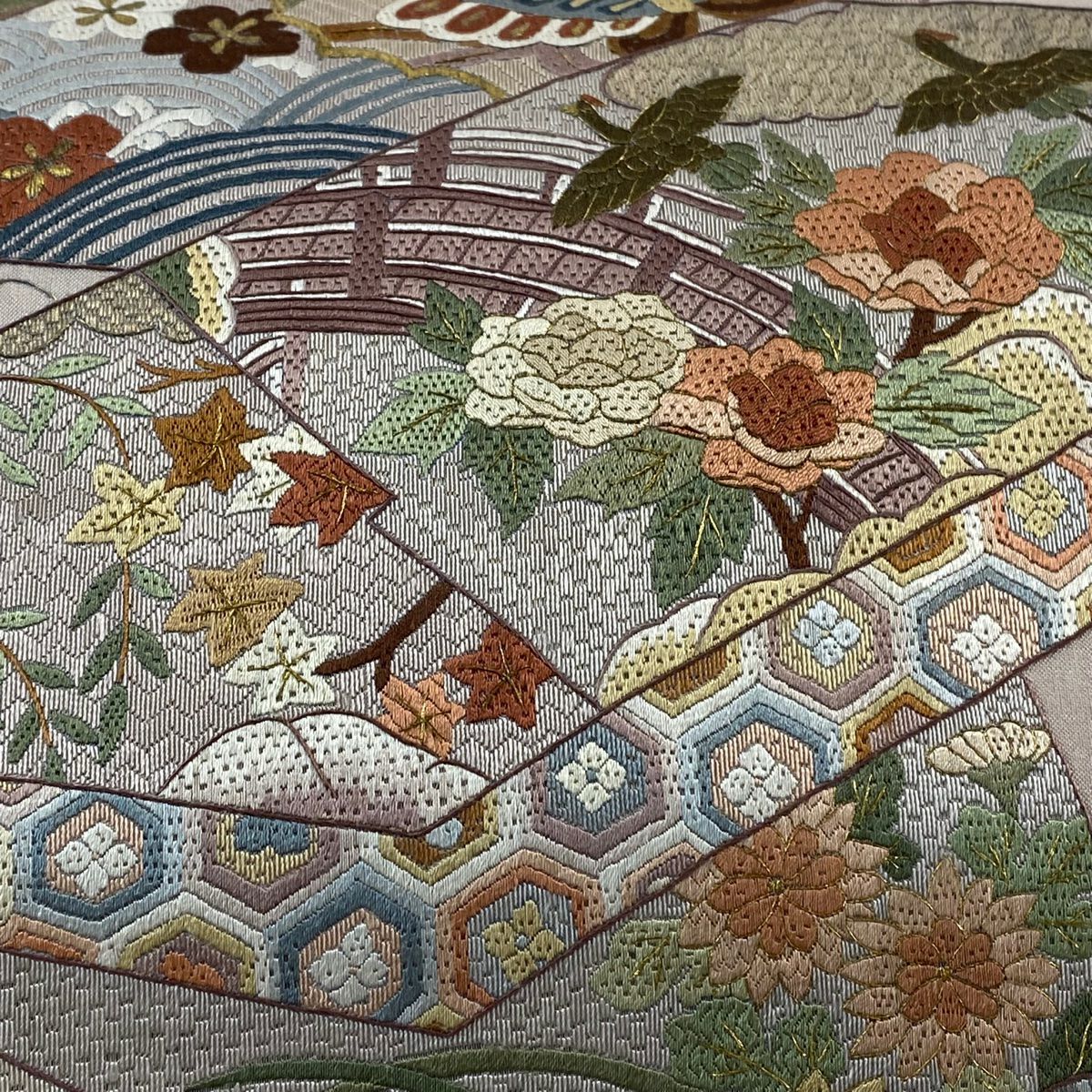 【庫存清倉】 袋帶 名品級 花鳥 有職紋樣 金銀彩 刺繡 粉米色 大鼓圖案 純蠶絲
