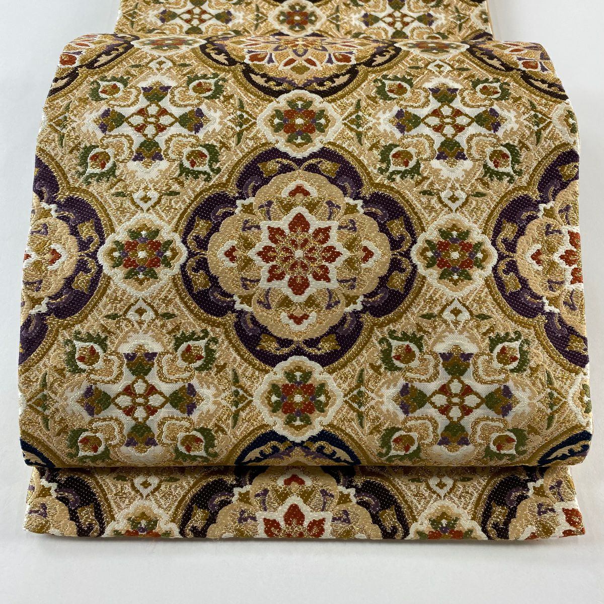 【庫存清倉】 【美品】 袋帶 名品級 華紋 金絲 刺繡 米色 六通 純蠶絲