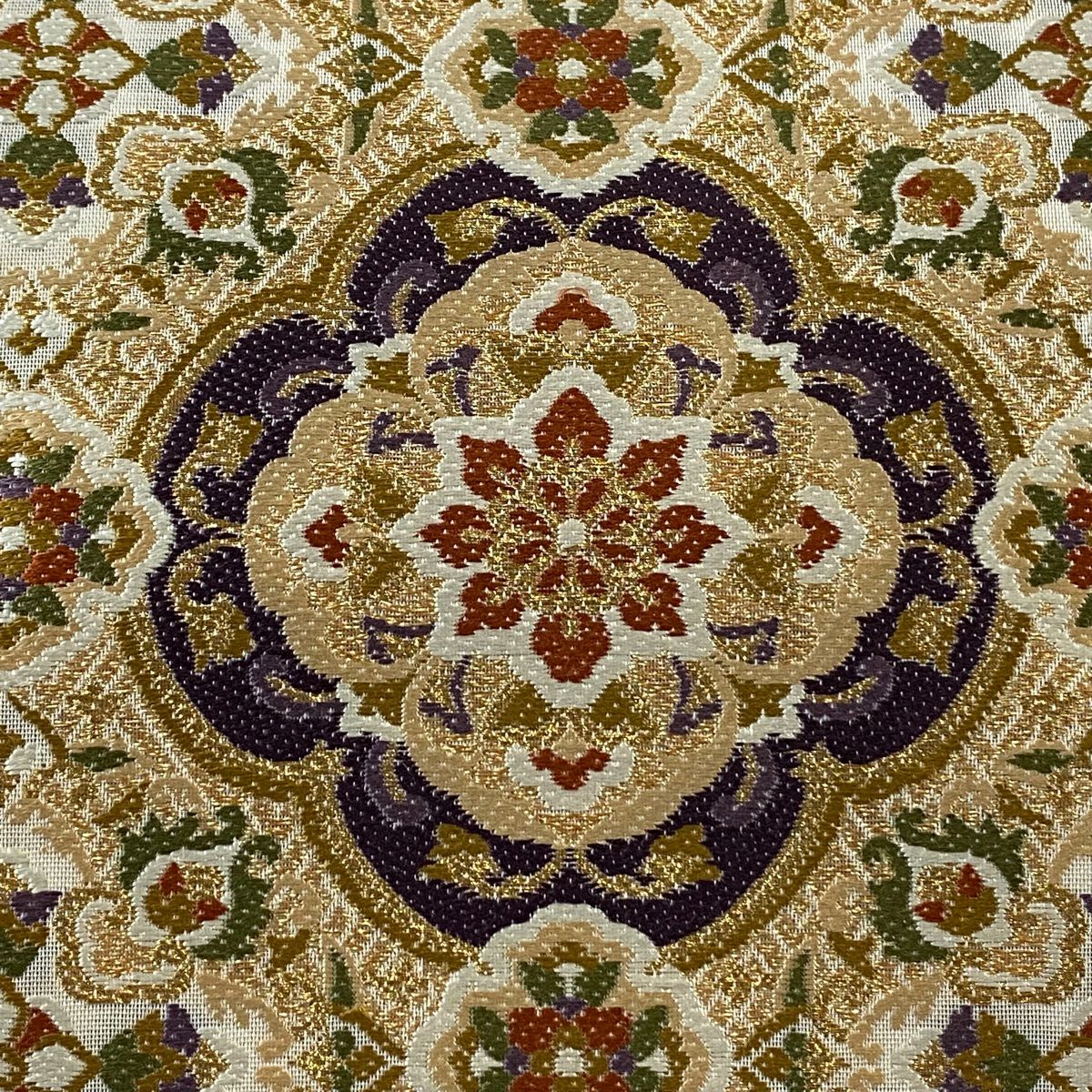 【庫存清倉】 【美品】 袋帶 名品級 華紋 金絲 刺繡 米色 六通 純蠶絲