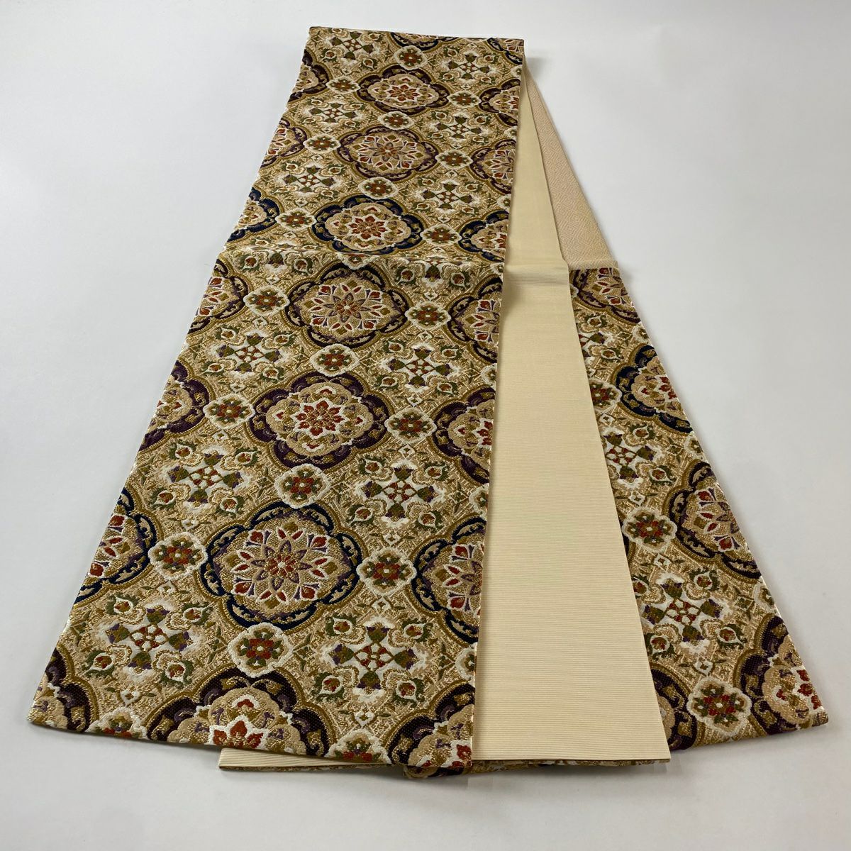 【庫存清倉】 【美品】 袋帶 名品級 華紋 金絲 刺繡 米色 六通 純蠶絲