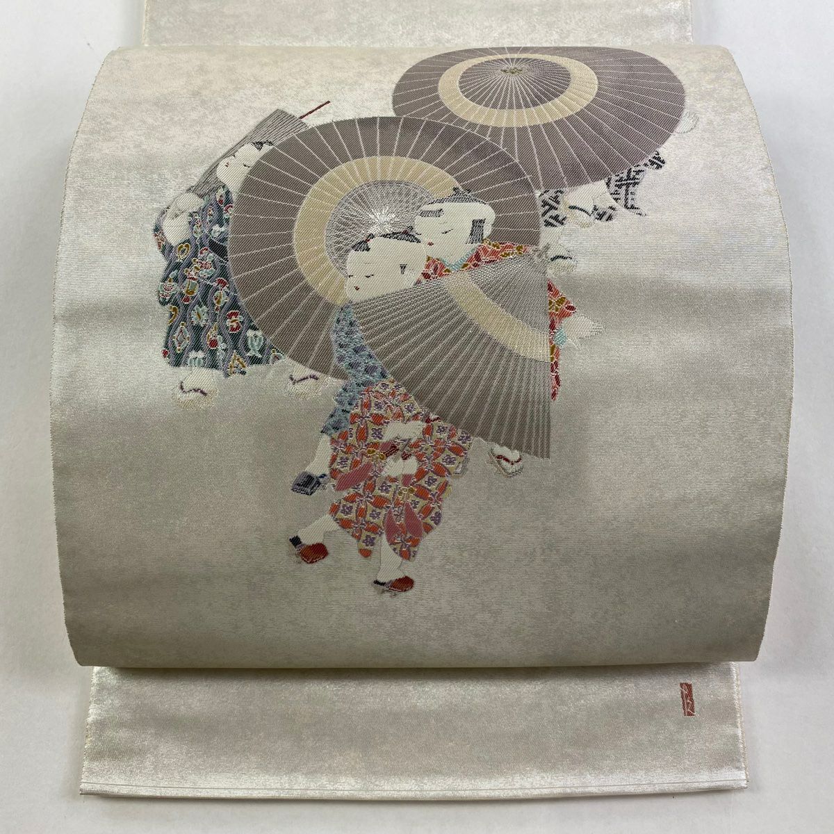 袋帶 逸品級 由水十久 落款あり 童 金金箔 銀色 大鼓圖案 純蠶絲