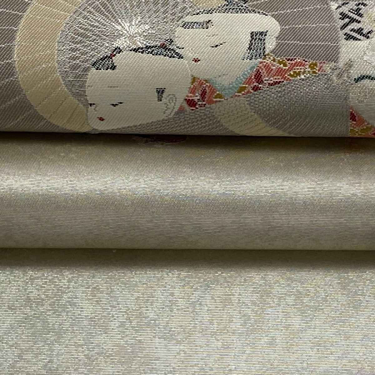 袋帶 逸品級 由水十久 落款あり 童 金金箔 銀色 大鼓圖案 純蠶絲