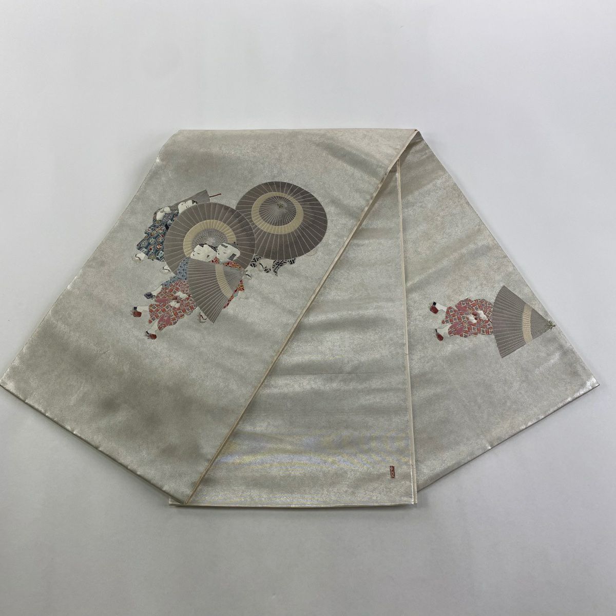 袋帶 逸品級 由水十久 落款あり 童 金金箔 銀色 大鼓圖案 純蠶絲
