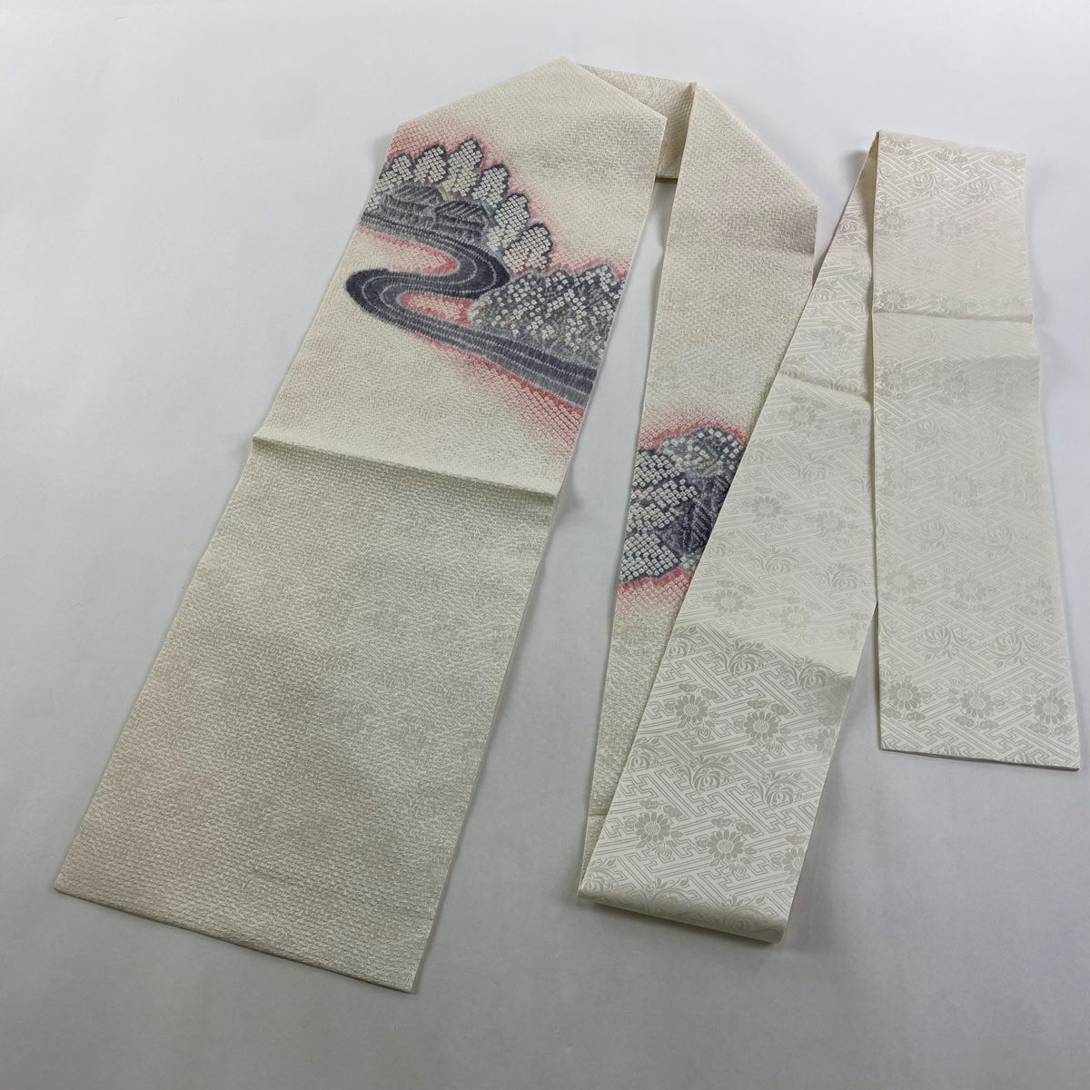 名古屋帶 逸品級 樹木 流水 絞染 奶油色 純蠶絲