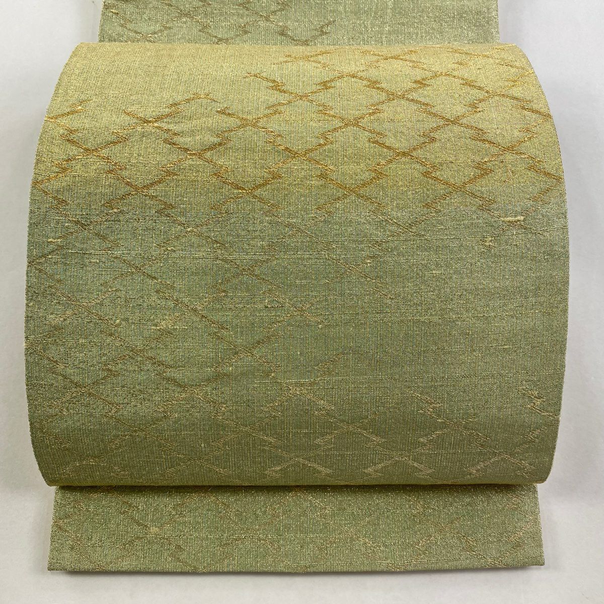 【美品】 袋帶 逸品級 桝屋高尾 有落款 松樹皮菱 金糸 金金箔 淺綠 六通 純蠶絲