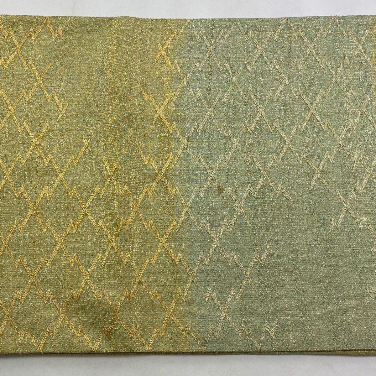 【美品】 袋帶 逸品級 桝屋高尾 有落款 松樹皮菱 金糸 金金箔 淺綠 六通 純蠶絲