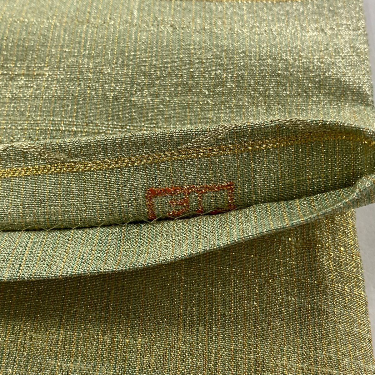 【美品】 袋帶 逸品級 桝屋高尾 有落款 松樹皮菱 金糸 金金箔 淺綠 六通 純蠶絲