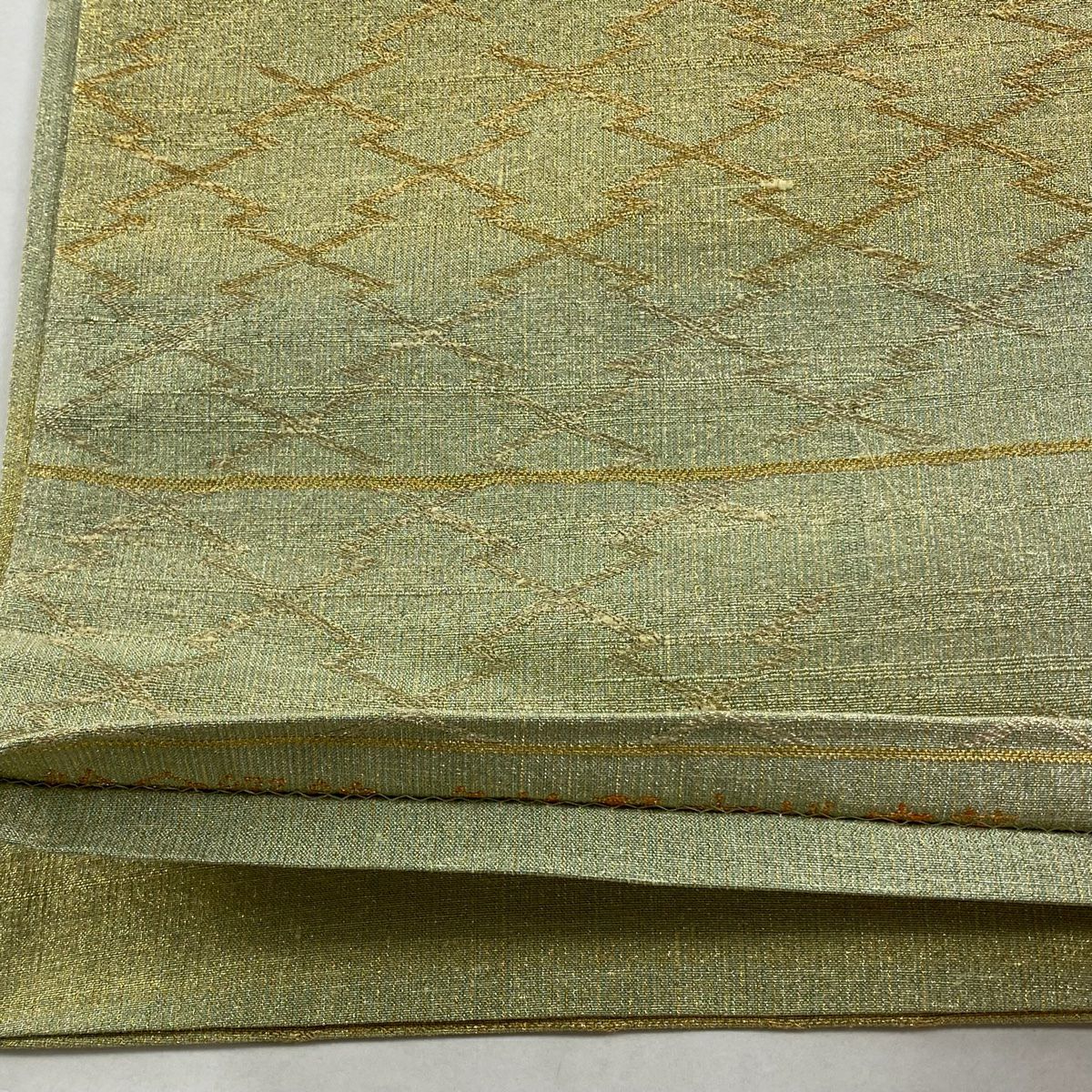 【美品】 袋帶 逸品級 桝屋高尾 有落款 松樹皮菱 金糸 金金箔 淺綠 六通 純蠶絲