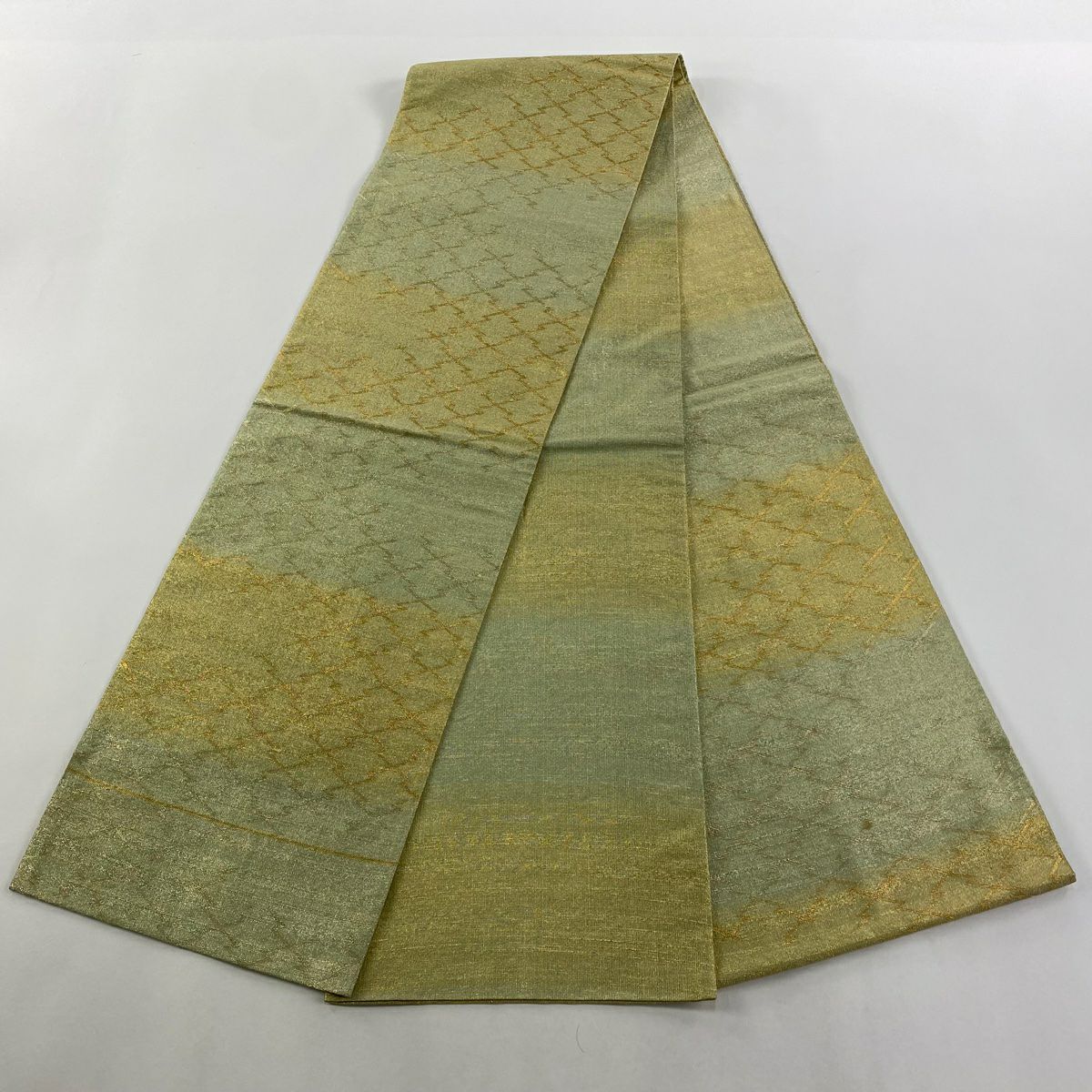 【美品】 袋帶 逸品級 桝屋高尾 有落款 松樹皮菱 金糸 金金箔 淺綠 六通 純蠶絲