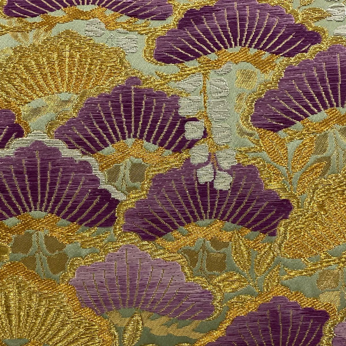 袋帶 逸品級 じゅらく 落款あり 帝王紫 曙蠶 松樹 藤 金絲 唐織 淺綠 お太鼓柄 純蠶絲