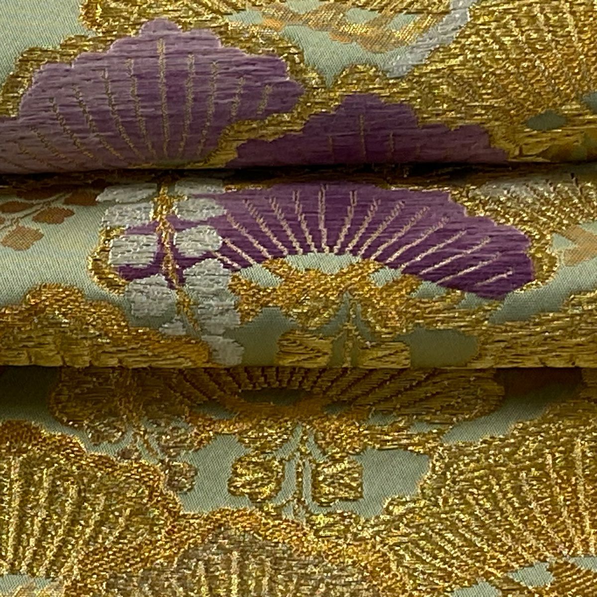 袋帶 逸品級 じゅらく 落款あり 帝王紫 曙蠶 松樹 藤 金絲 唐織 淺綠 お太鼓柄 純蠶絲