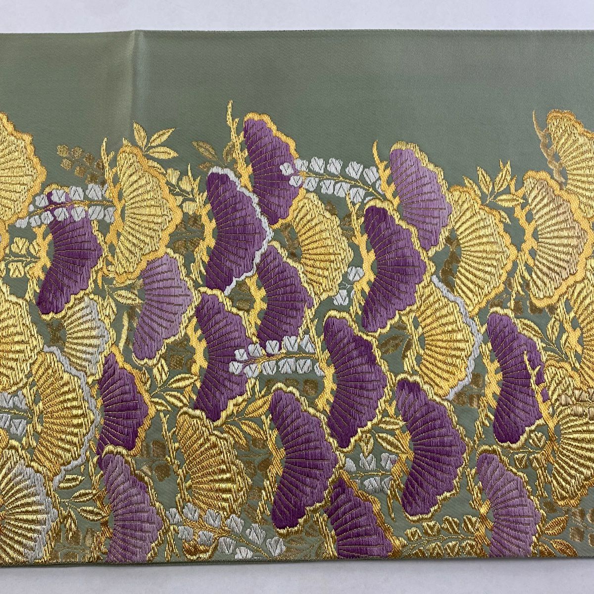 袋帶 逸品級 じゅらく 落款あり 帝王紫 曙蠶 松樹 藤 金絲 唐織 淺綠 お太鼓柄 純蠶絲