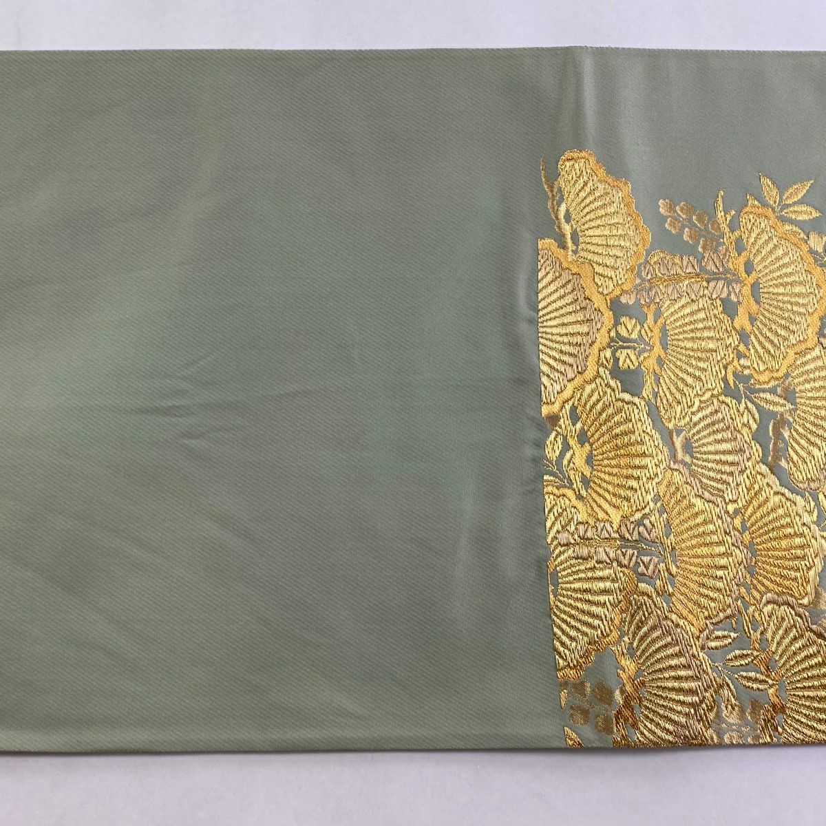 袋帶 逸品級 じゅらく 落款あり 帝王紫 曙蠶 松樹 藤 金絲 唐織 淺綠 お太鼓柄 純蠶絲