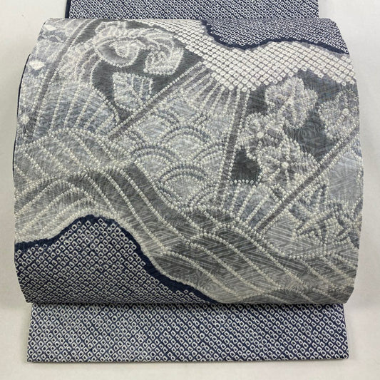 開口名古屋帶 逸品級 波花 絞染 灰色 純蠶絲