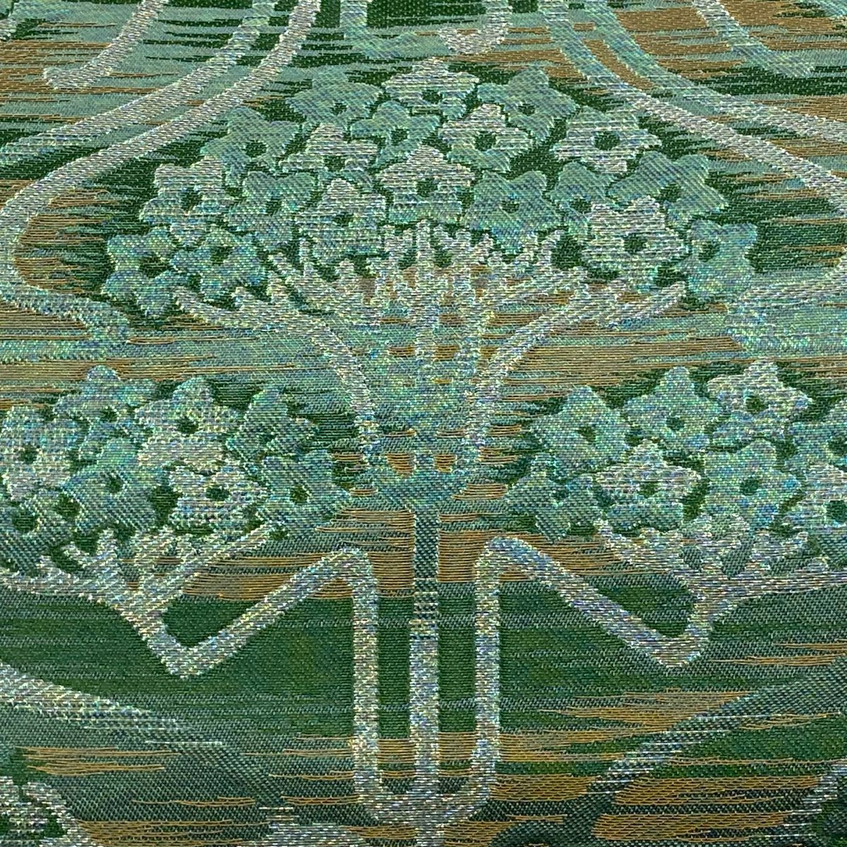 袋帶 逸品級 川島織物 落款 草花紋 幾何圖案 金銀線 金金箔 綠 六通 純蠶絲