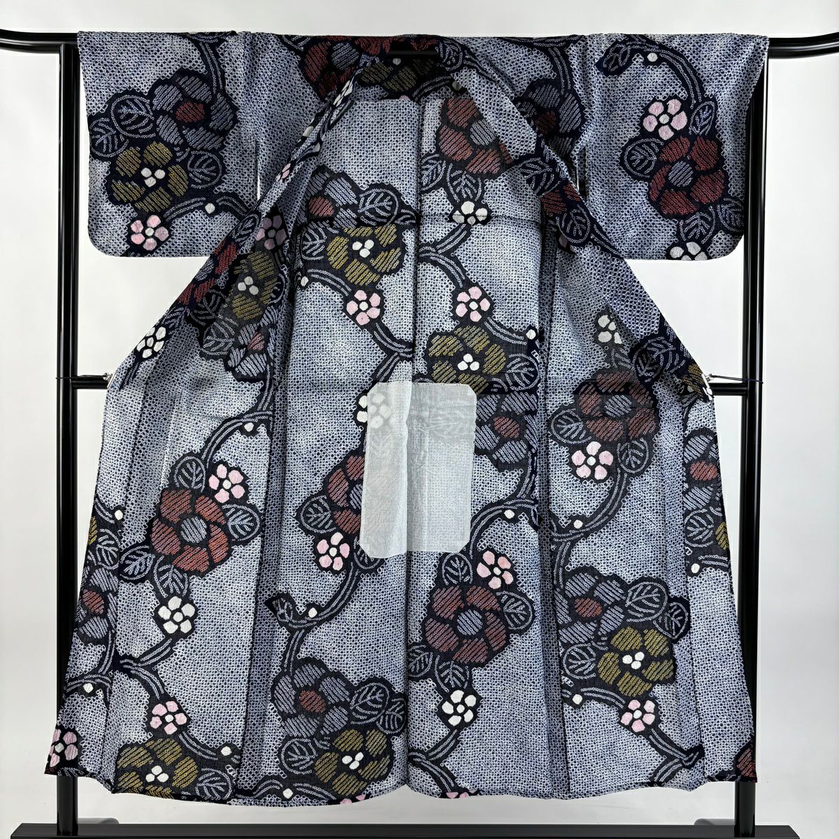 浴衣 身長150.5cm 袖長66cm M 絞染浴衣 草花紋紋 深藍 純棉 名品級