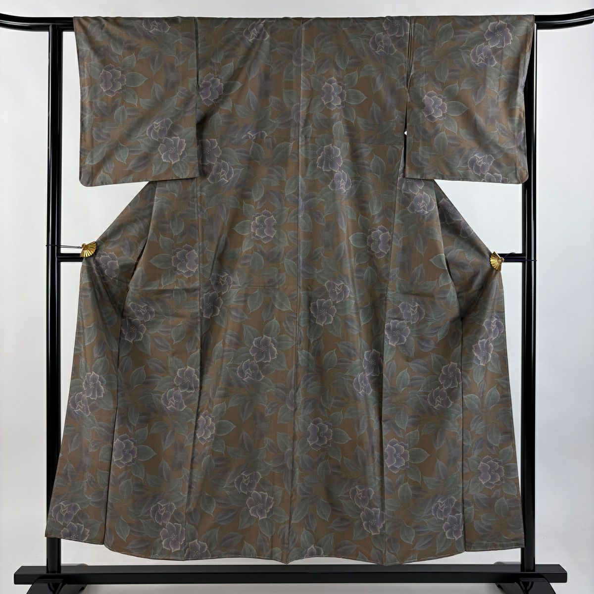【美品】 紬織織 身長153.5cm 袖長63cm S 雙層 草花紋紋 茶 純蠶絲 名品級