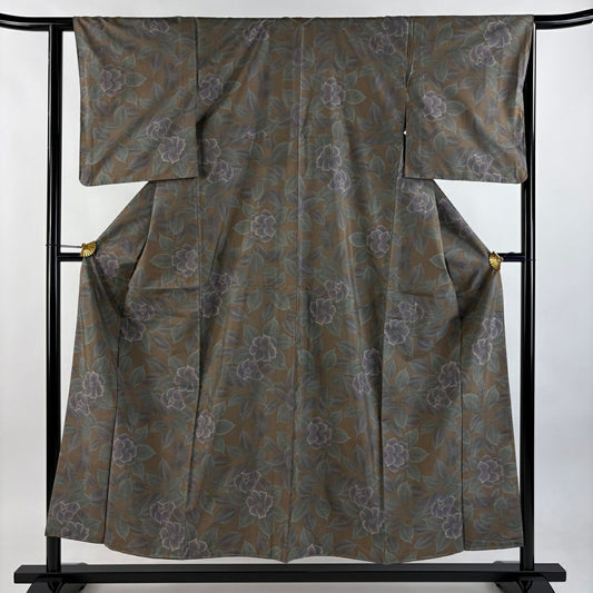 【美品】 紬織織 身長153.5cm 袖長63cm S 雙層 草花紋紋 茶 純蠶絲 名品級