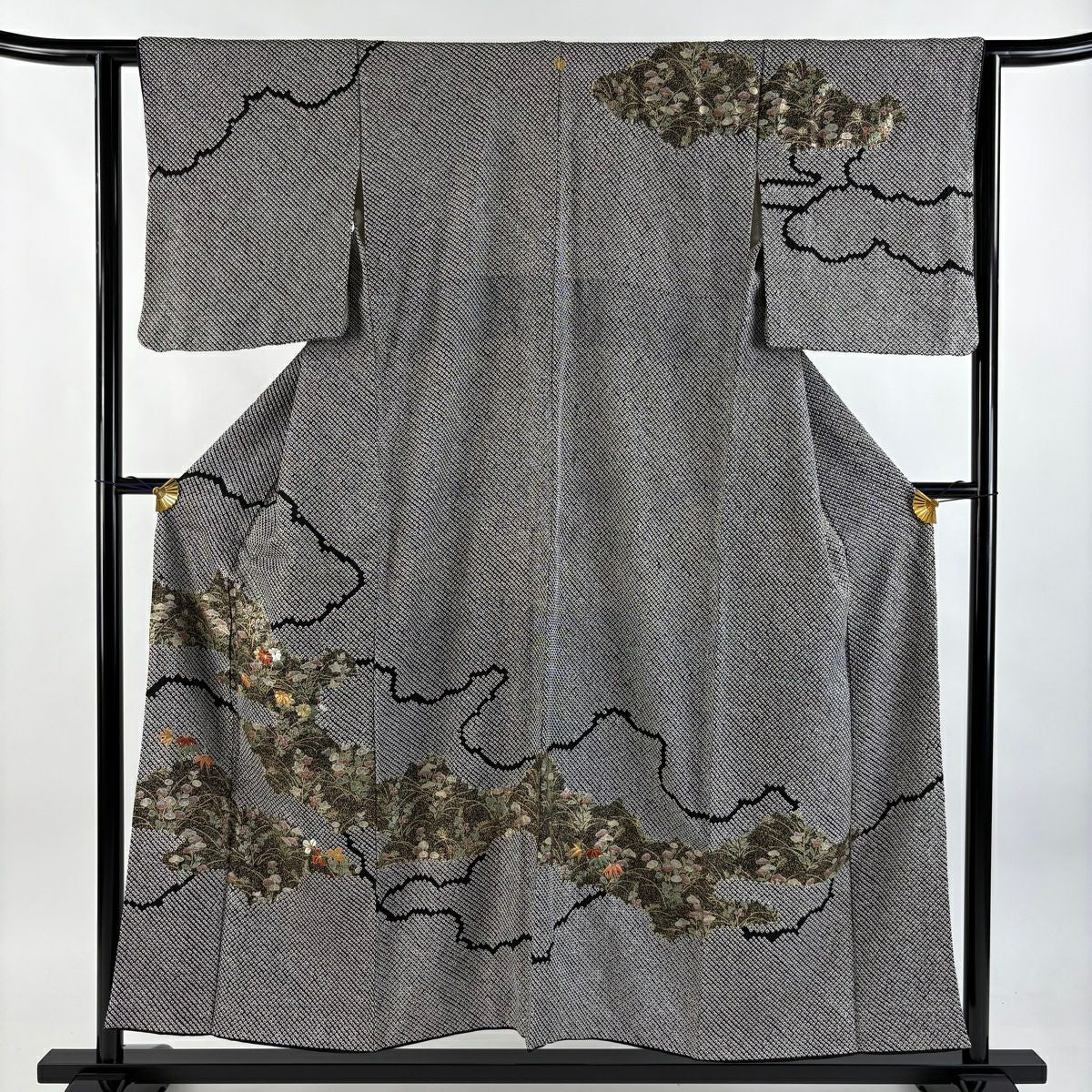 【美品】訪問服 身長153.5cm 袖長62cm S 雙層 秋草 雲文 刺繡 絞染 黑 純蠶絲 名品級 一つ紋