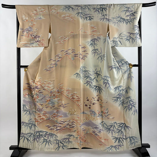 訪問服 身長160.5cm 袖長68cm L 雙層 落款あり 松樹竹子梅花 家屋 漸層 薄橙 純蠶絲 名品級 一つ紋