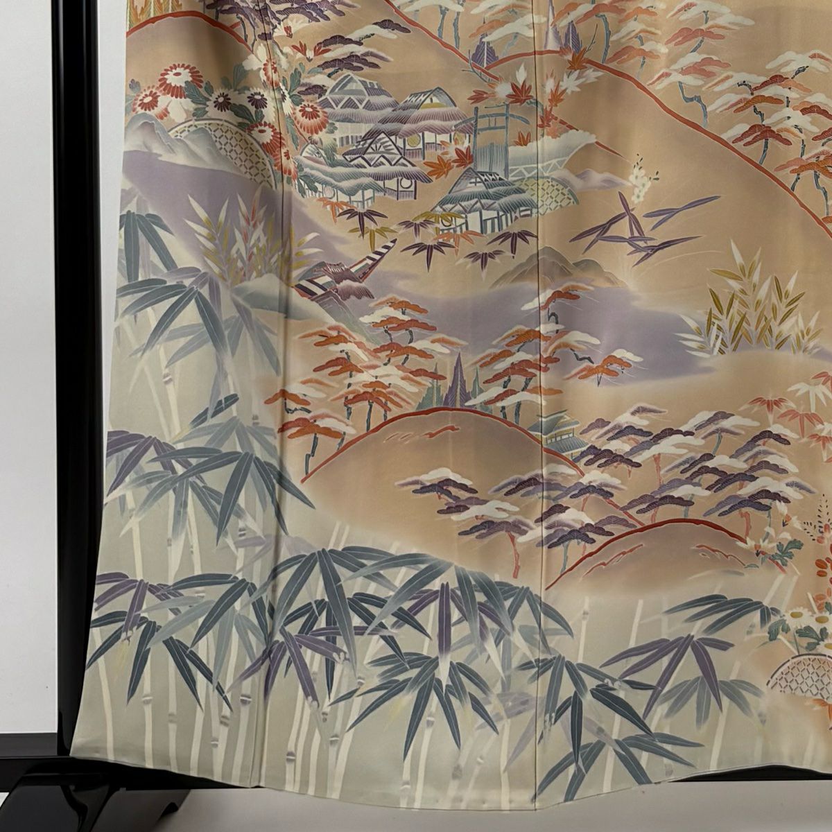 訪問服 身長160.5cm 袖長68cm L 雙層 落款あり 松樹竹子梅花 家屋 漸層 薄橙 純蠶絲 名品級 一つ紋