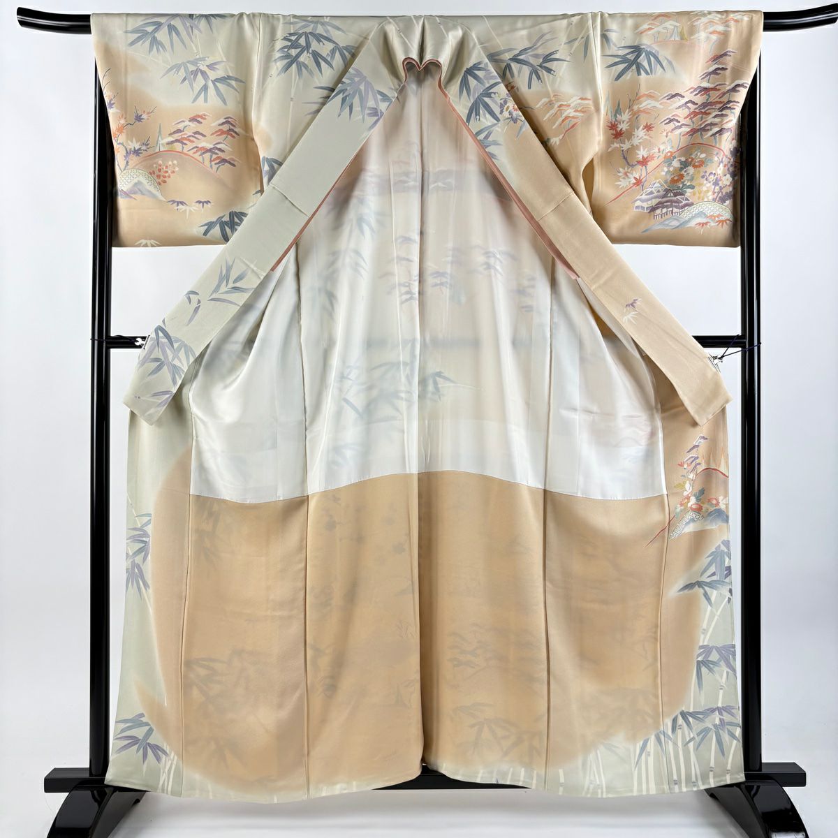 訪問服 身長160.5cm 袖長68cm L 雙層 落款あり 松樹竹子梅花 家屋 漸層 薄橙 純蠶絲 名品級 一つ紋