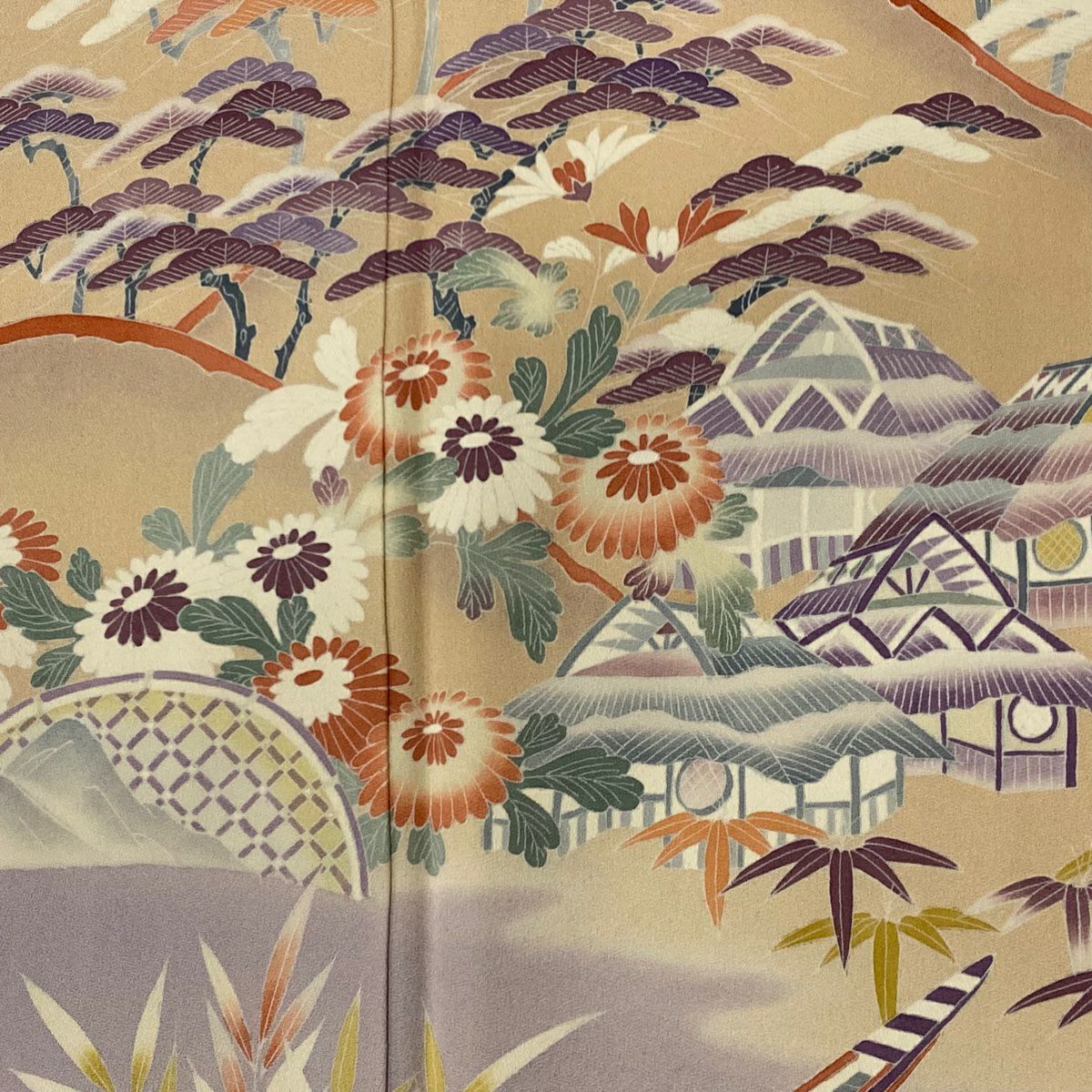 訪問服 身長160.5cm 袖長68cm L 雙層 落款あり 松樹竹子梅花 家屋 漸層 薄橙 純蠶絲 名品級 一つ紋
