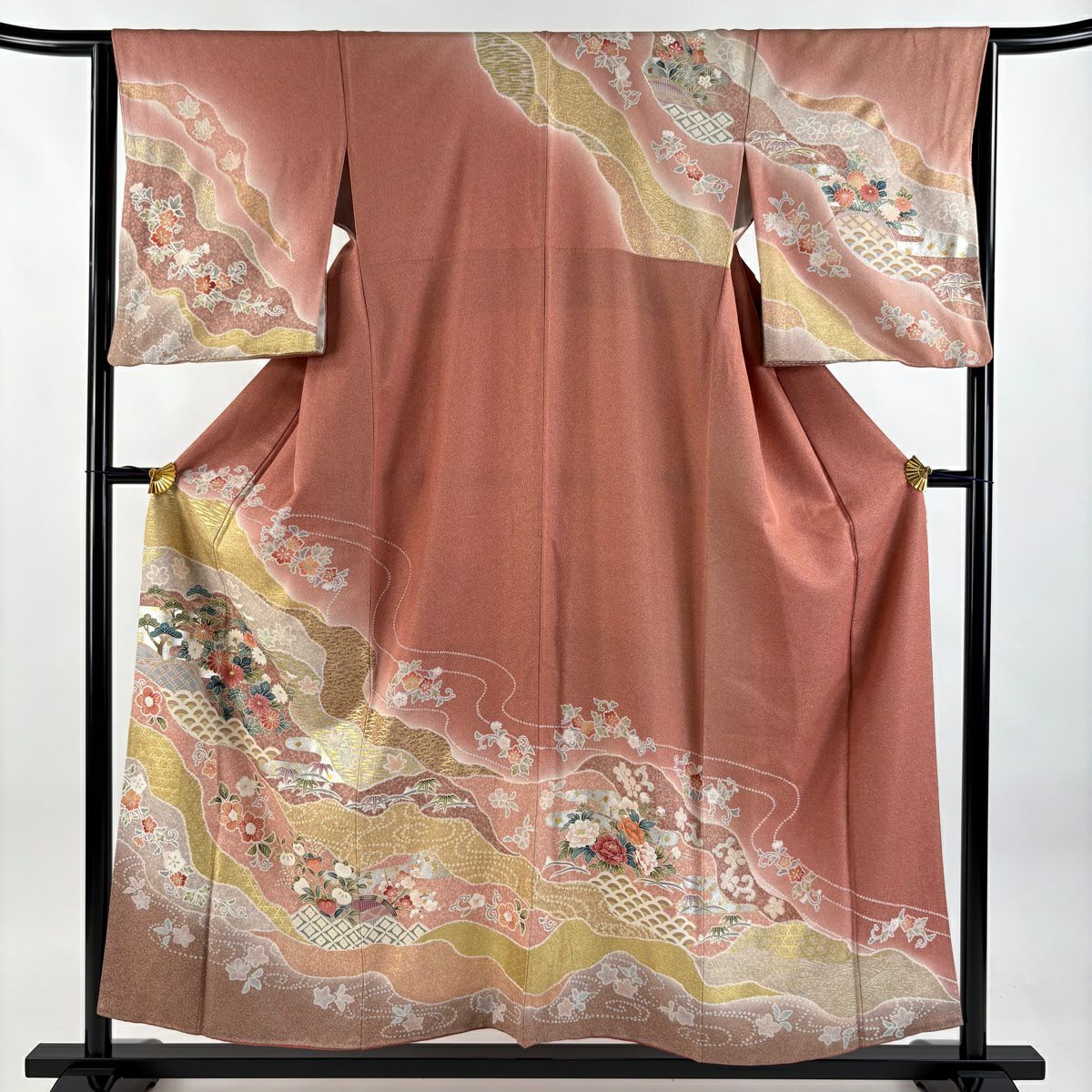【庫存清倉】訪問服 身長156.5cm 袖長65cm M 雙層 草花紋紋 道長取 金銀彩 銀通 茜 純蠶絲 名品級