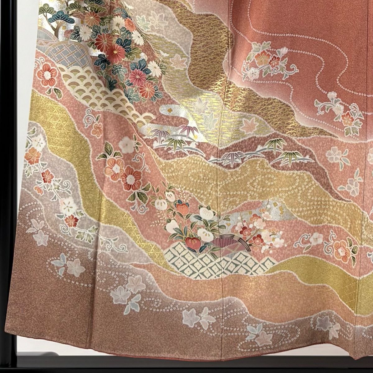 【庫存清倉】訪問服 身長156.5cm 袖長65cm M 雙層 草花紋紋 道長取 金銀彩 銀通 茜 純蠶絲 名品級
