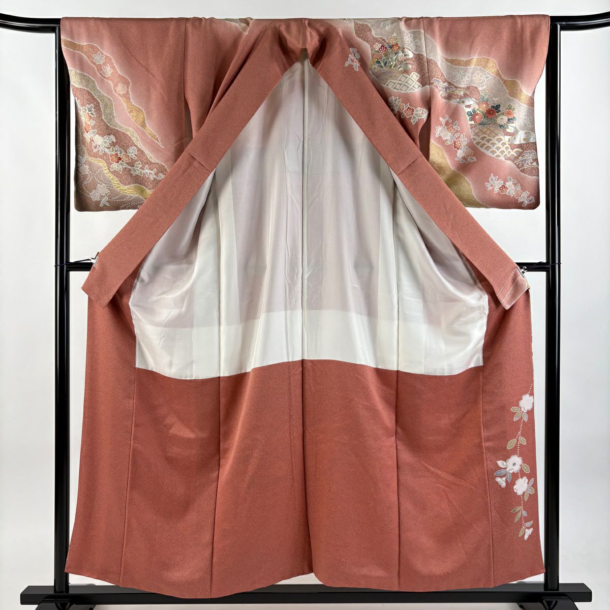 【庫存清倉】訪問服 身長156.5cm 袖長65cm M 雙層 草花紋紋 道長取 金銀彩 銀通 茜 純蠶絲 名品級