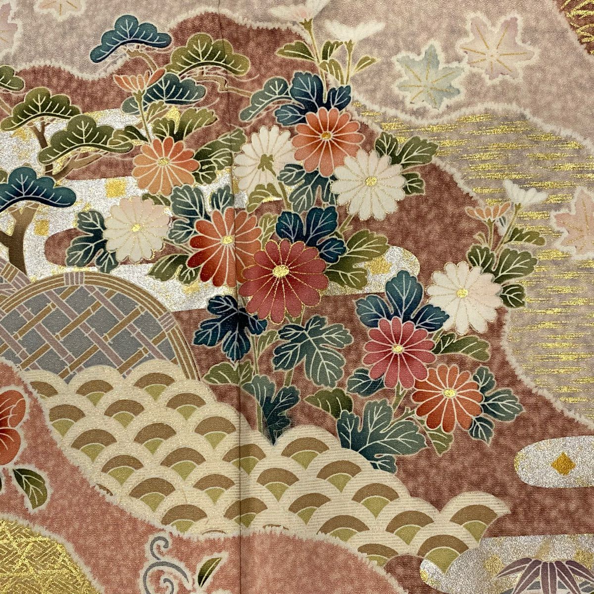 【庫存清倉】訪問服 身長156.5cm 袖長65cm M 雙層 草花紋紋 道長取 金銀彩 銀通 茜 純蠶絲 名品級