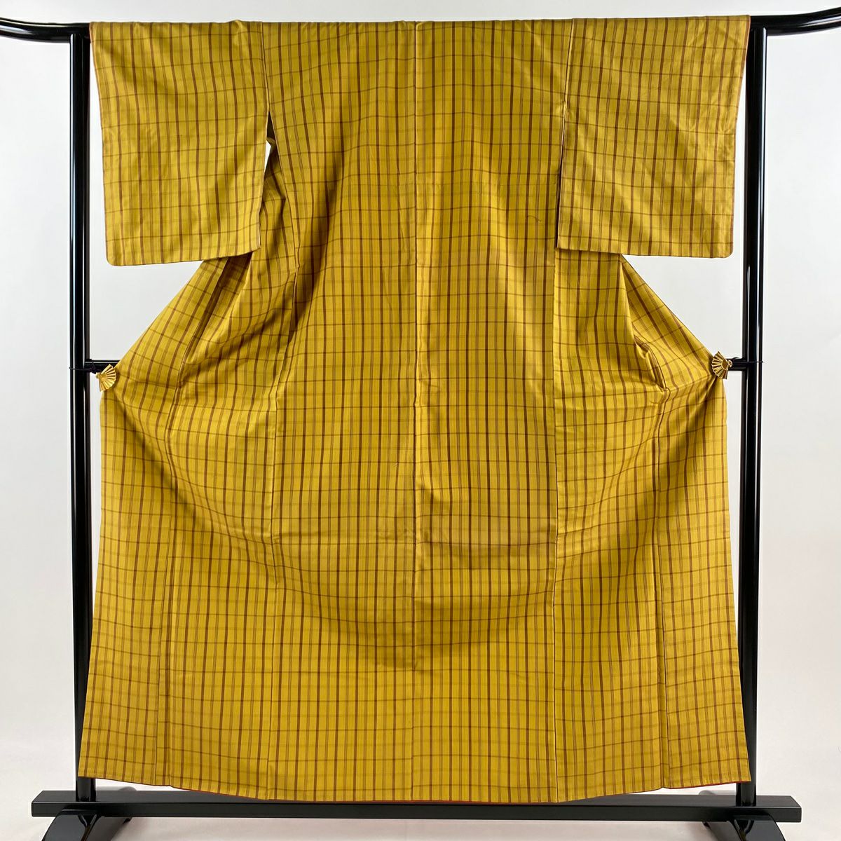 【美品】 紬織 身長159cm 袖長64cm M 雙層 格子 芥末色 純蠶絲 名品級