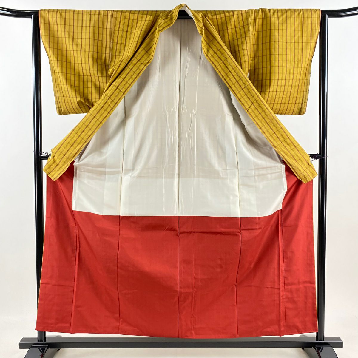 【美品】 紬織 身長159cm 袖長64cm M 雙層 格子 芥末色 純蠶絲 名品級