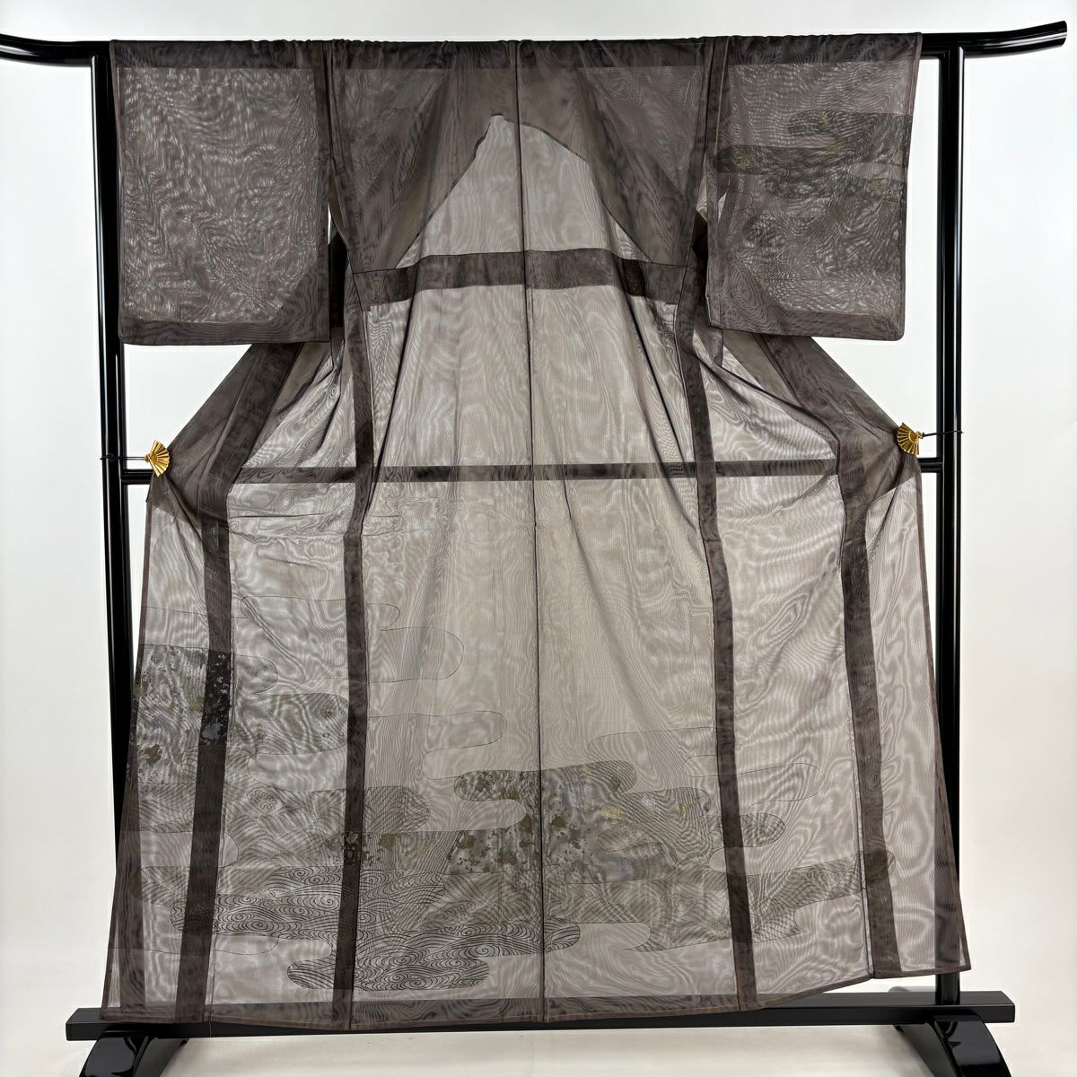 訪問服 身長158.5cm 袖長62.5cm S 紗雙層 ヱ霞 波 金銀彩 茶 純蠶絲 名品級