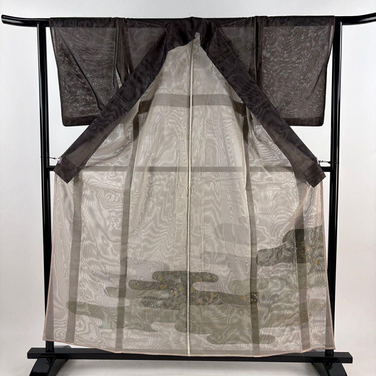 訪問服 身長158.5cm 袖長62.5cm S 紗雙層 ヱ霞 波 金銀彩 茶 純蠶絲 名品級