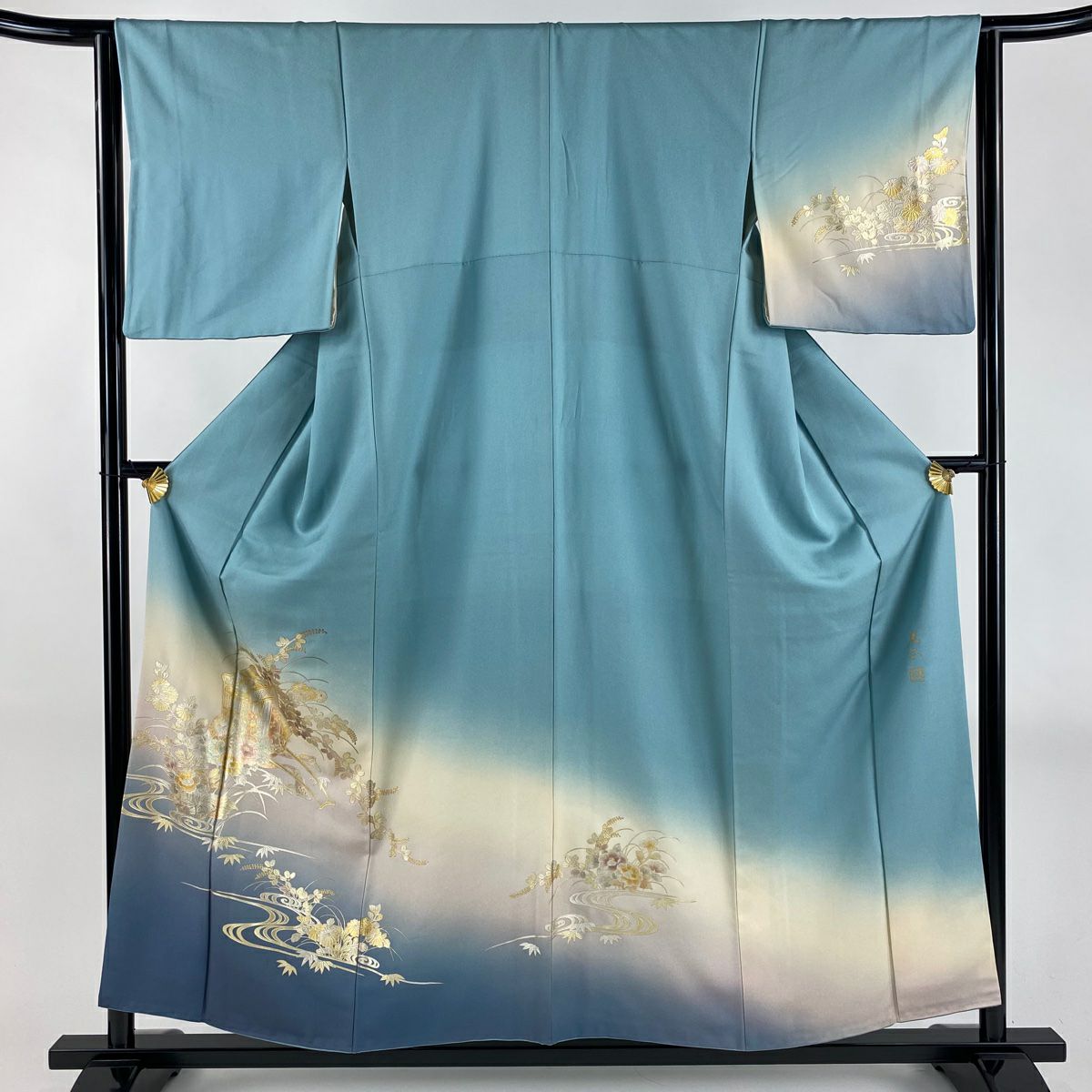 付下 身長156cm 袖長64cm M 雙層 和田光正 落款あり 御所車 草花紋紋 金銀彩 染分 青灰 純蠶絲 逸品級
