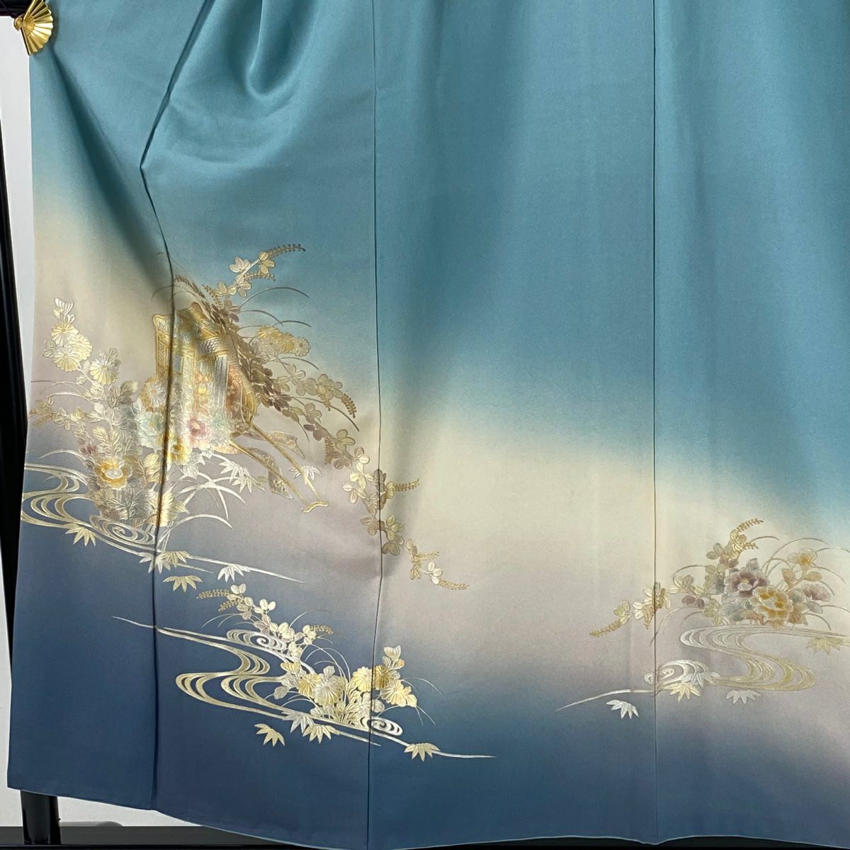 付下 身長156cm 袖長64cm M 雙層 和田光正 落款あり 御所車 草花紋紋 金銀彩 染分 青灰 純蠶絲 逸品級