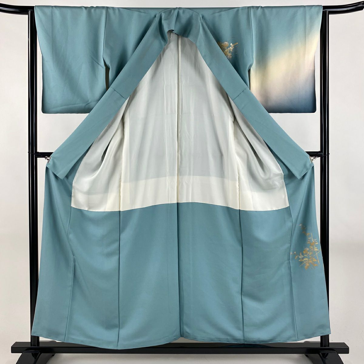 付下 身長156cm 袖長64cm M 雙層 和田光正 落款あり 御所車 草花紋紋 金銀彩 染分 青灰 純蠶絲 逸品級