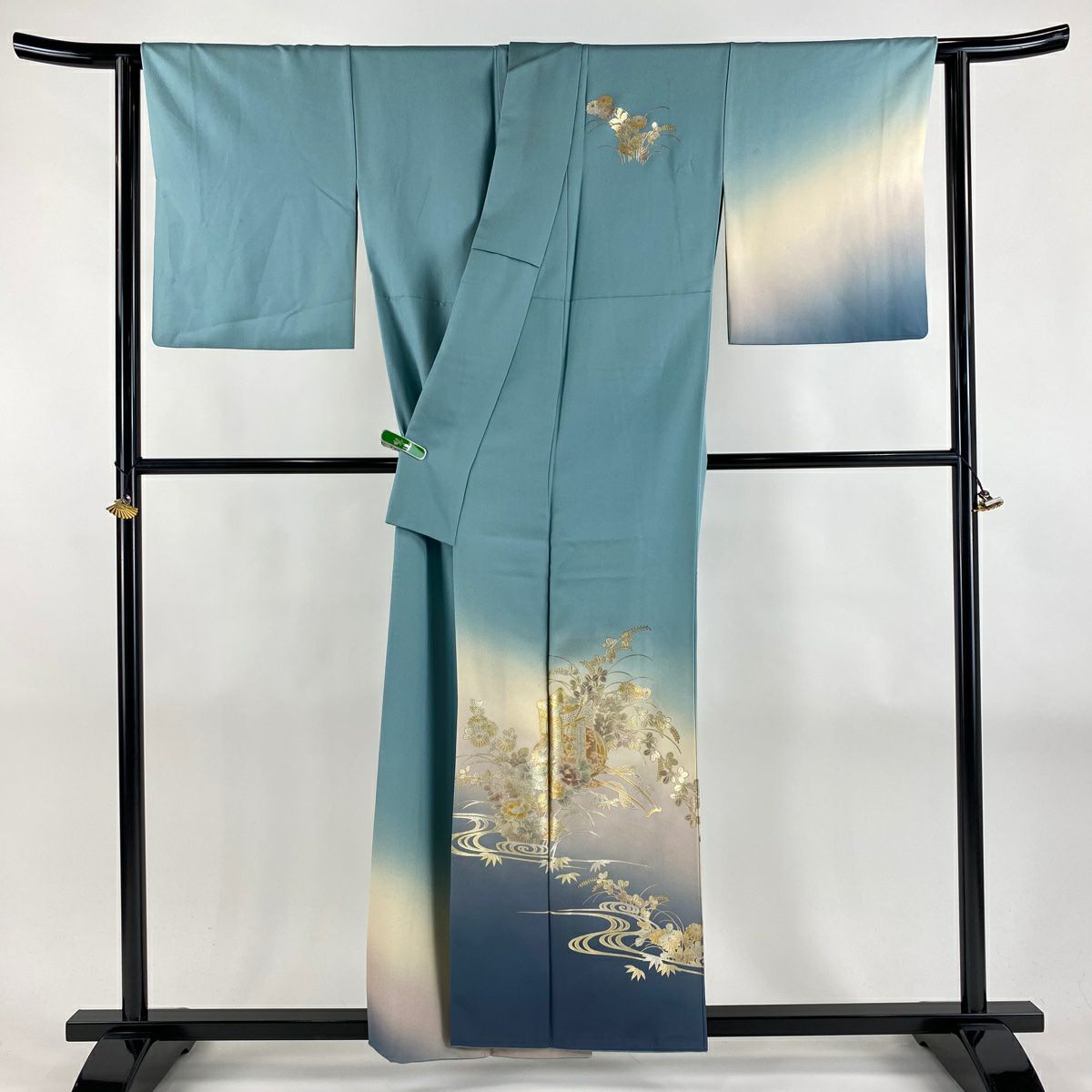 付下 身長156cm 袖長64cm M 雙層 和田光正 落款あり 御所車 草花紋紋 金銀彩 染分 青灰 純蠶絲 逸品級