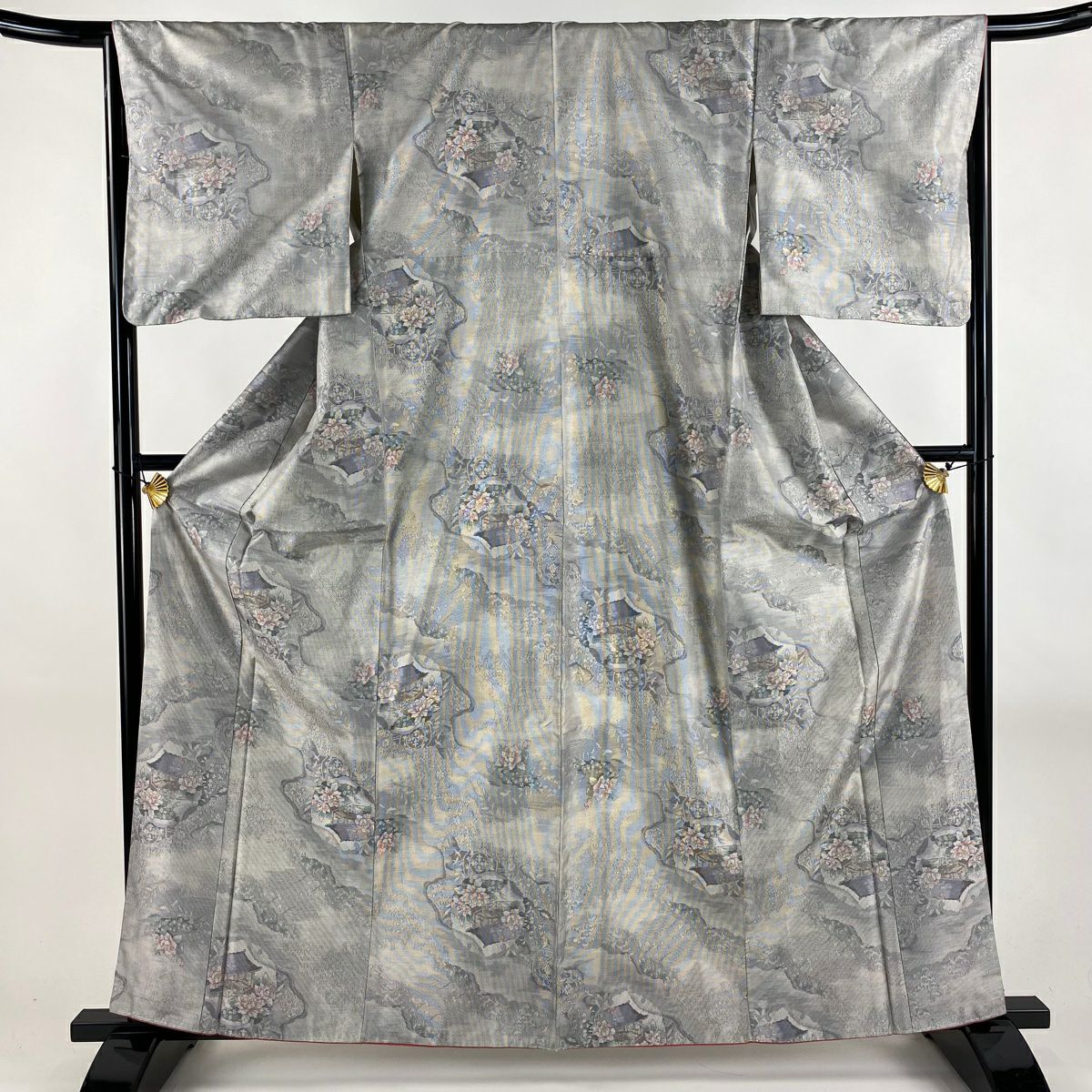 【美品】 大島織 身長162cm 袖長65.5cm M 雙層 都喜ヱ門 證書附帶 花車 建築 灰 深藍 純蠶絲 逸品級