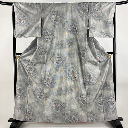 【美品】 大島織 身長162cm 袖長65.5cm M 雙層 都喜ヱ門 證書附帶 花車 建築 灰 深藍 純蠶絲 逸品級
