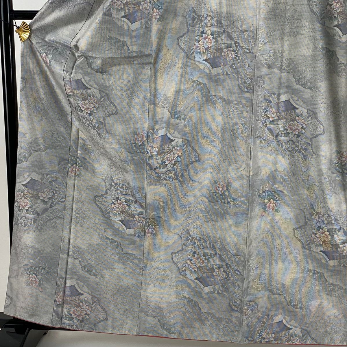 【美品】 大島織 身長162cm 袖長65.5cm M 雙層 都喜ヱ門 證書附帶 花車 建築 灰 深藍 純蠶絲 逸品級