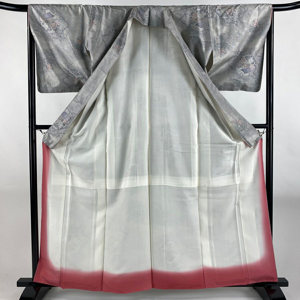 【美品】 大島織 身長162cm 袖長65.5cm M 雙層 都喜ヱ門 證書附帶 花車 建築 灰 深藍 純蠶絲 逸品級