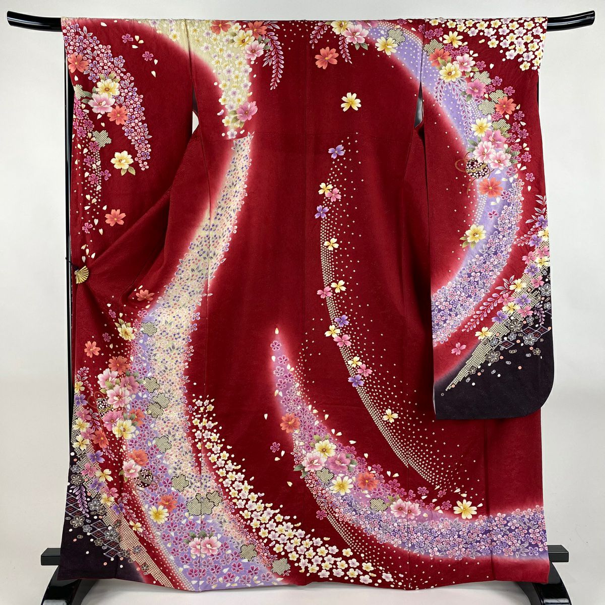 【美品】振袖禮服 身長167cm 袖長68cm L 雙層 櫻花 鞠 金銀彩 絞染 紅 純蠶絲 逸品級