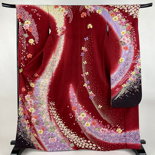 【美品】振袖禮服 身長167cm 袖長68cm L 雙層 櫻花 鞠 金銀彩 絞染 紅 純蠶絲 逸品級